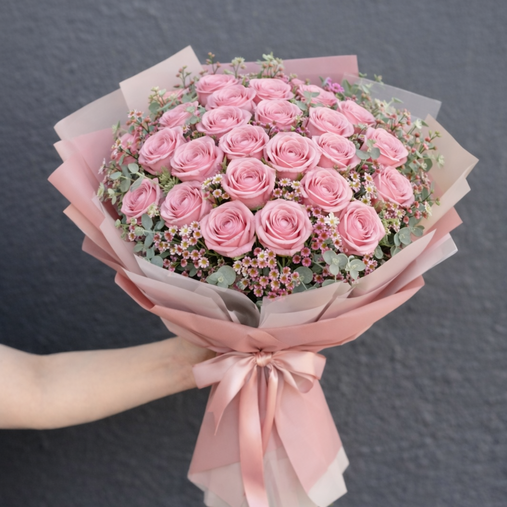 Pink Roses – Classic Wrapped Bouquet – The Flower Ateliers