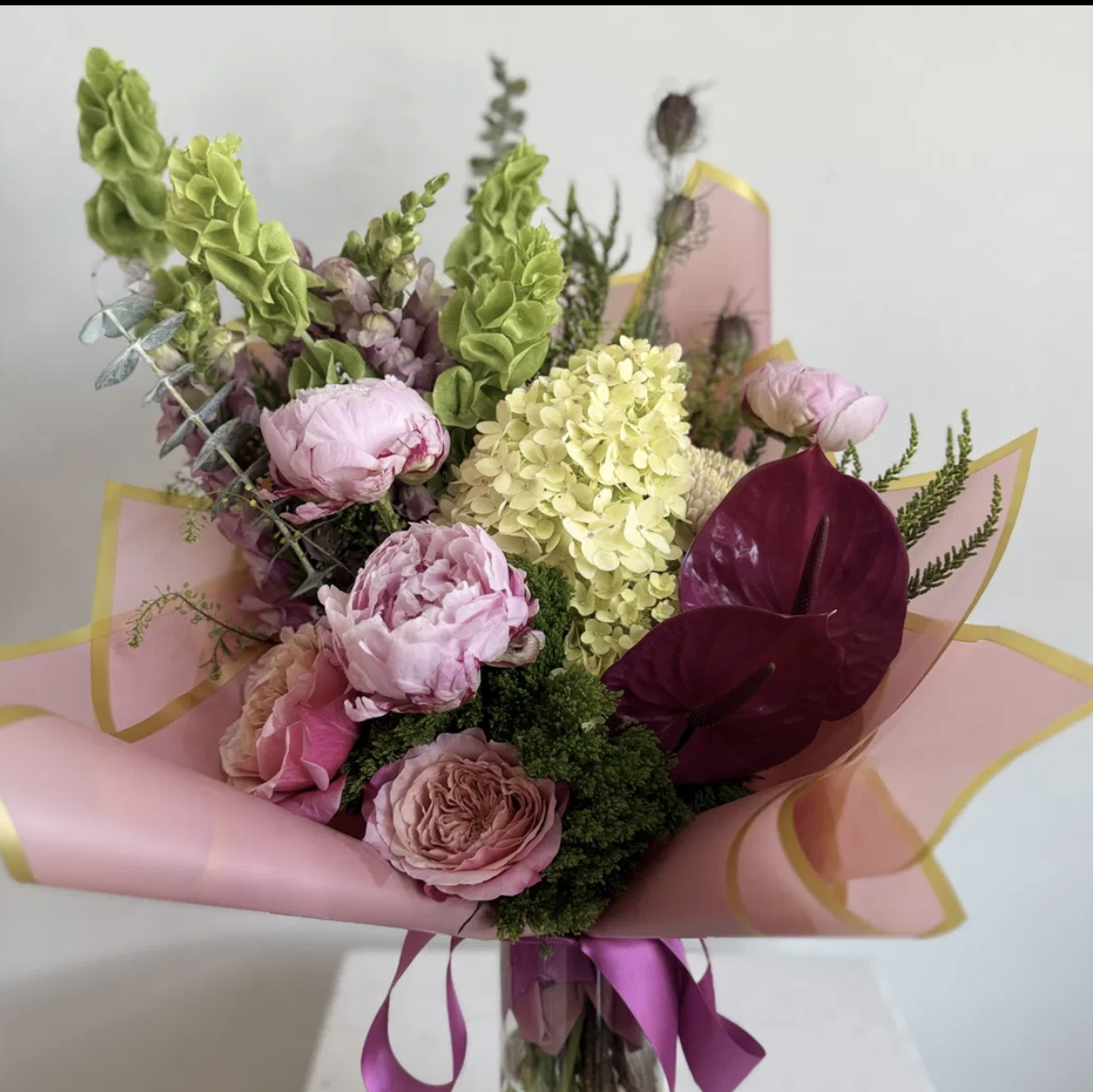 Girlfriend Day Wrapped Bouquet - Peony & Anthurium Gift Bouquet